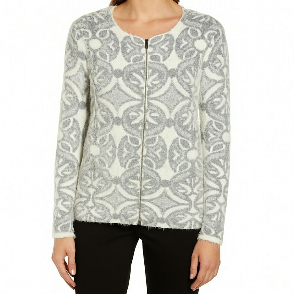 The Limited Gray and White Zippered Long Sleeve Eyelash Cardigan Sweater - Small